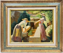 1900’s French Oil Ladies Washing Laundry Village Water Fountain Golden Light