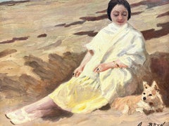 1920's French Impressionist Signed Oil Elegant Lady on Beach with Dog on Sand