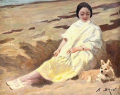 1920's French Impressionist Signed Oil Elegant Lady on Beach with Dog on Sand