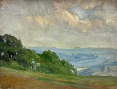 1930's French Impressionist Oil Painting Windswept Clouds over Green Meadows