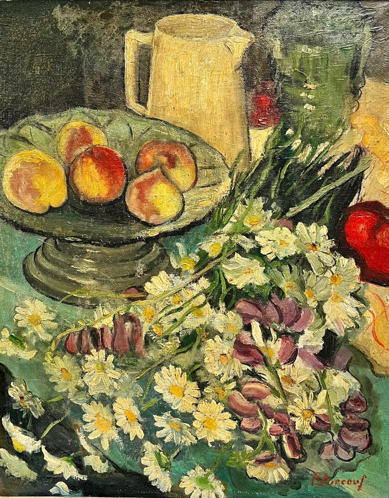 1930’s French Post Impressionist Signed Oil Apples & Flowers Interior Still Life - Painting by French School