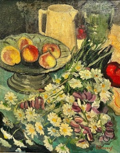 1930’s French Post Impressionist Signed Oil Apples & Flowers Interior Still Life
