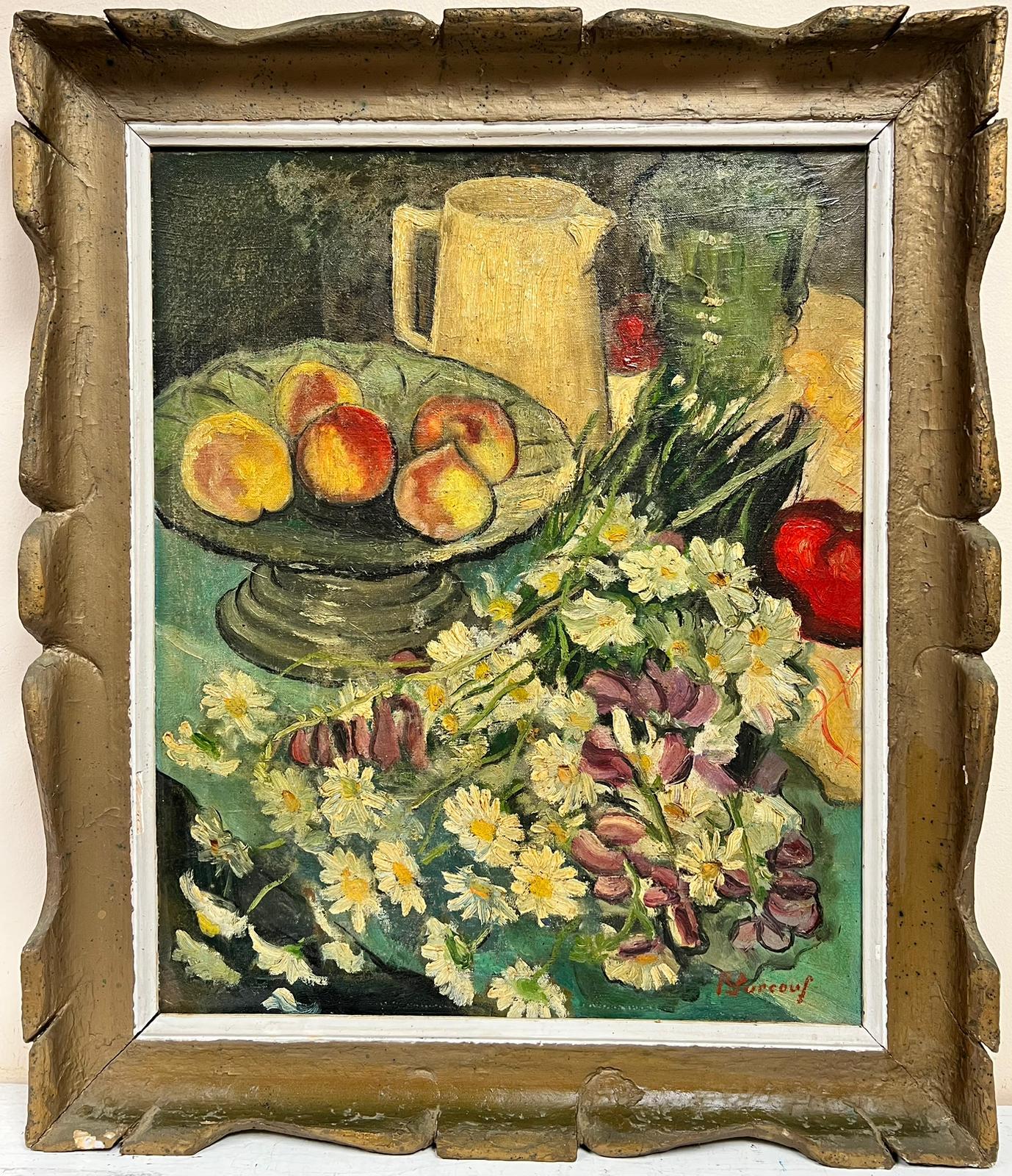 French School Still-Life Painting - 1930’s French Post Impressionist Signed Oil Apples & Flowers Interior Still Life