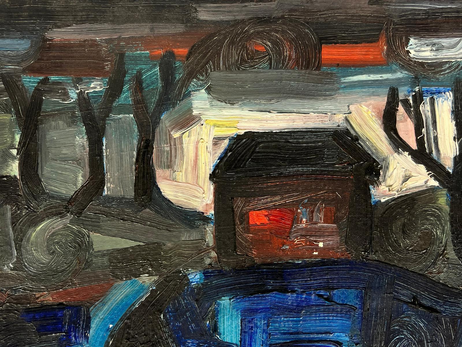 Olio espressionista francese del 1950 - Paesaggio al crepuscolo: casa e alberi spogli - Painting Espressionista di French School