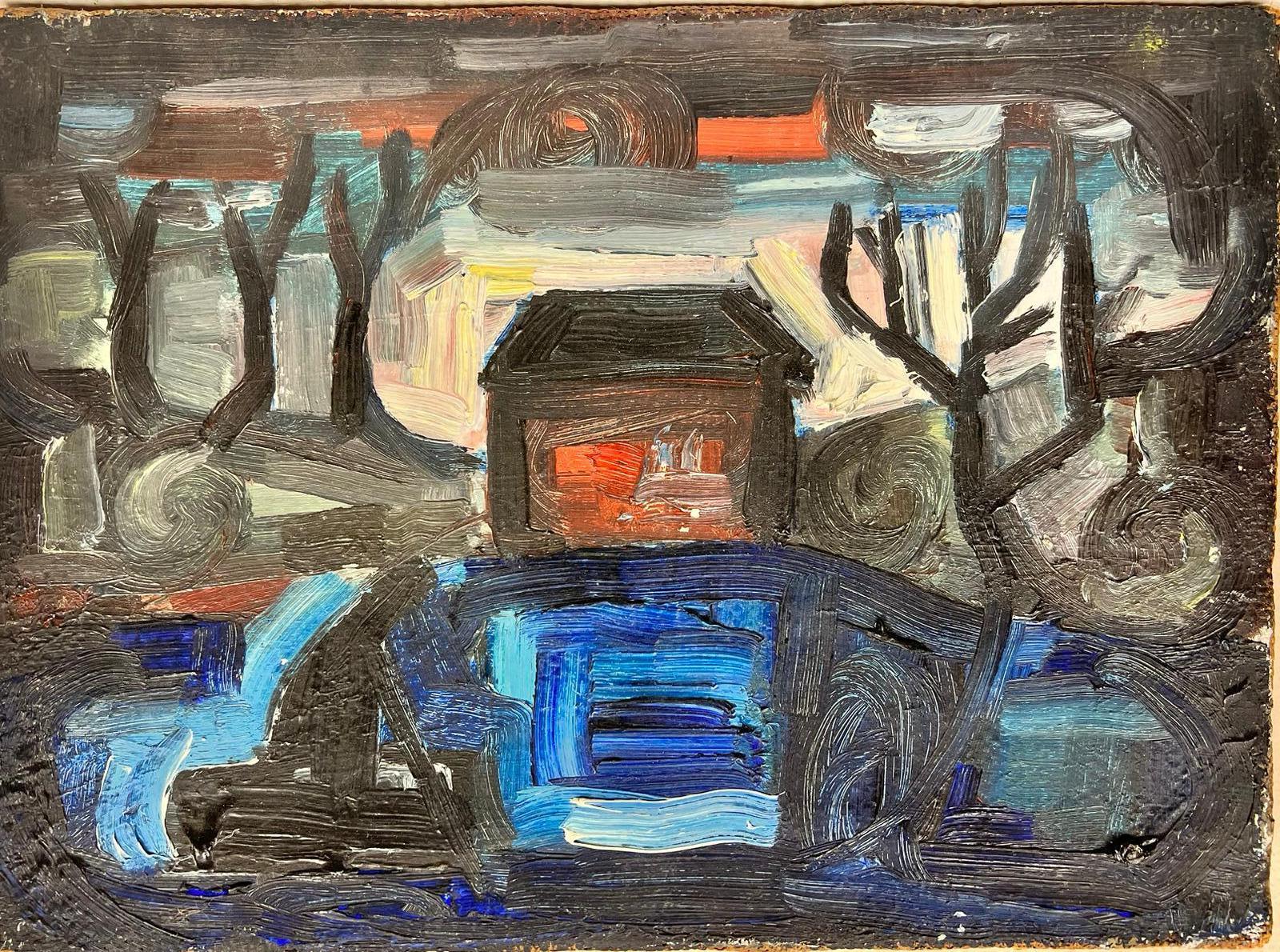 Landscape Painting French School - Huile expressionniste française des années 1950 Paysage crépusculaire Maison et arbres dénudés