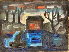 Huile expressionniste française des années 1950 Paysage crépusculaire Maison et arbres dénudés