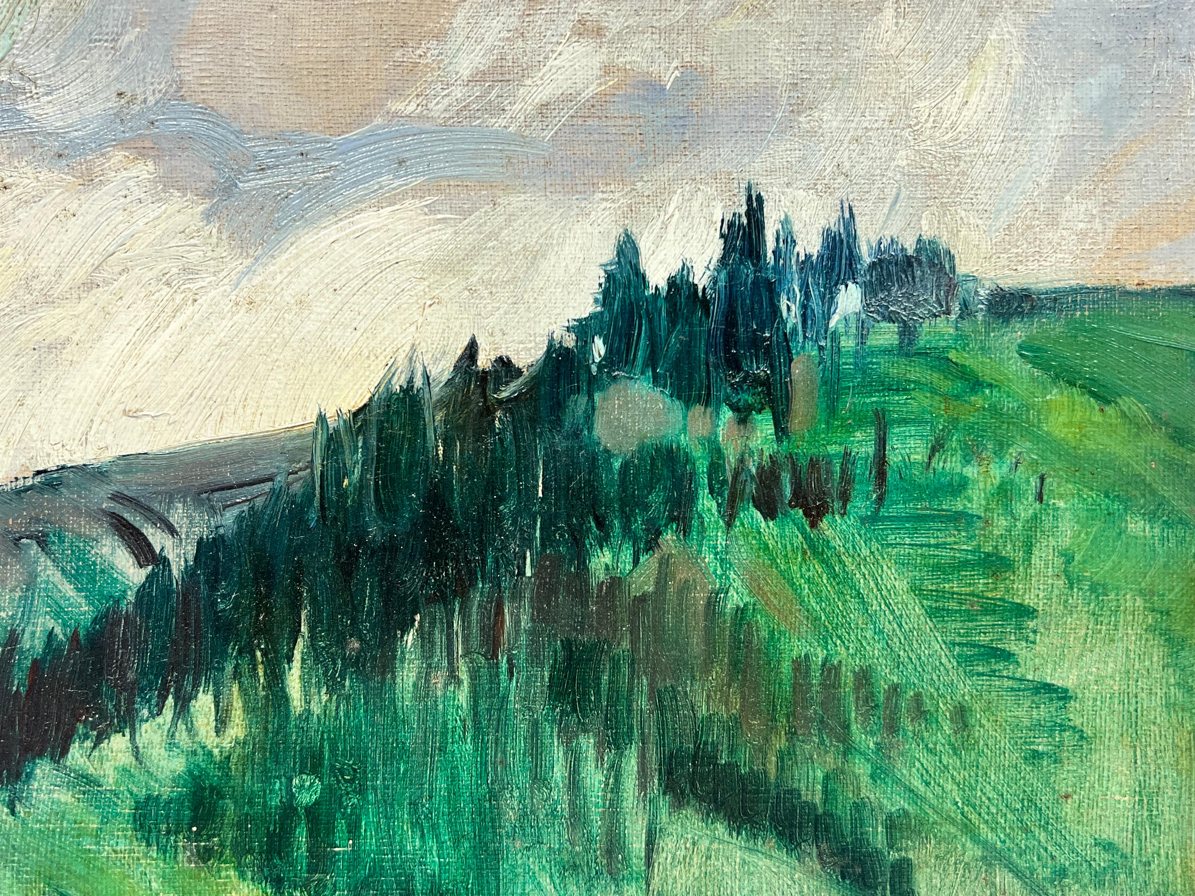 Óleo expresionista francés de 1950 Paisaje boscoso verde Óleo sobre lienzo - Painting de French School