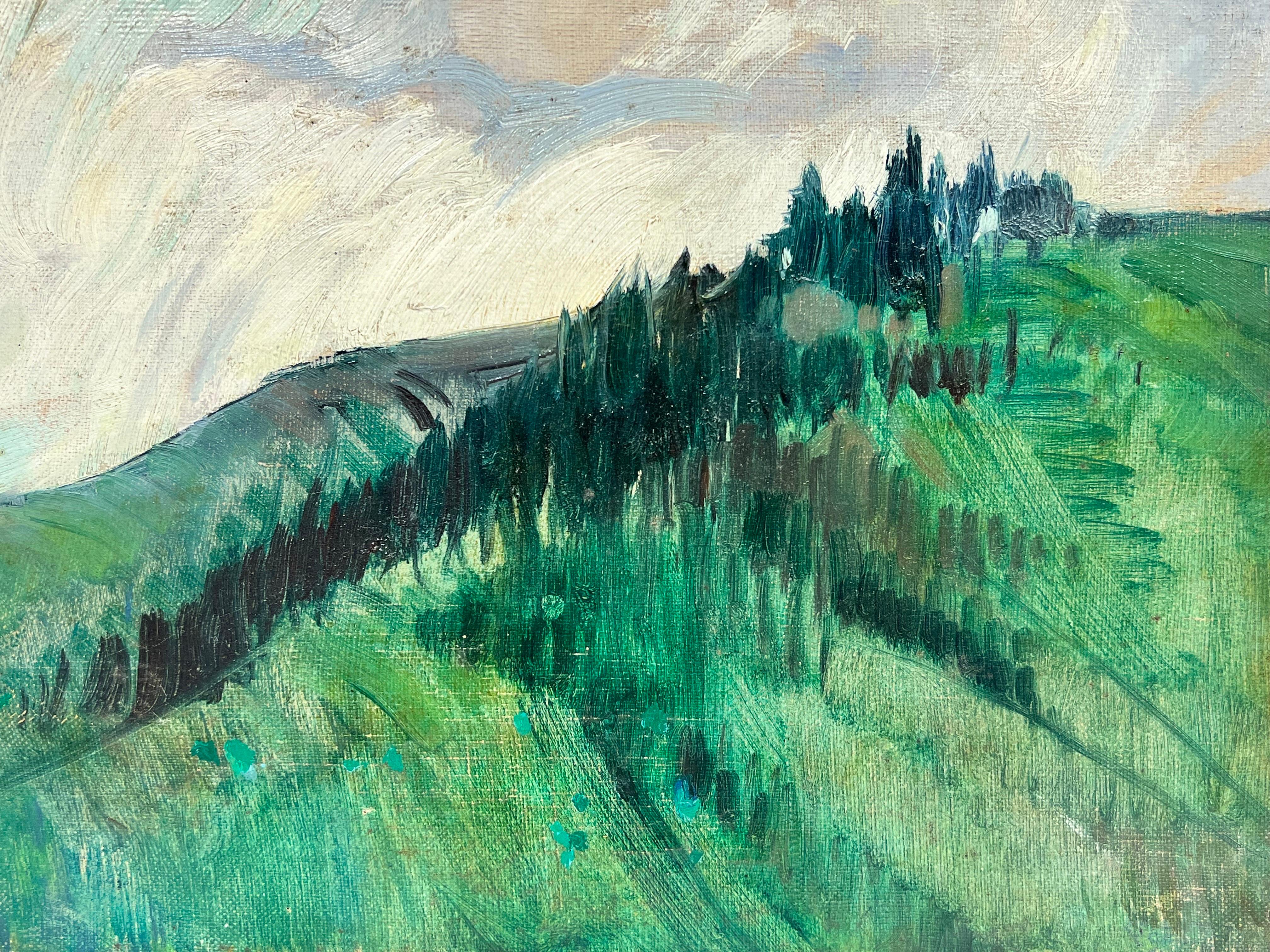 Green Landscape
French School, mid 20th century
oil painting on canvas, unframed
painting: 9.5 x 12.5 inches
condition: overall very good