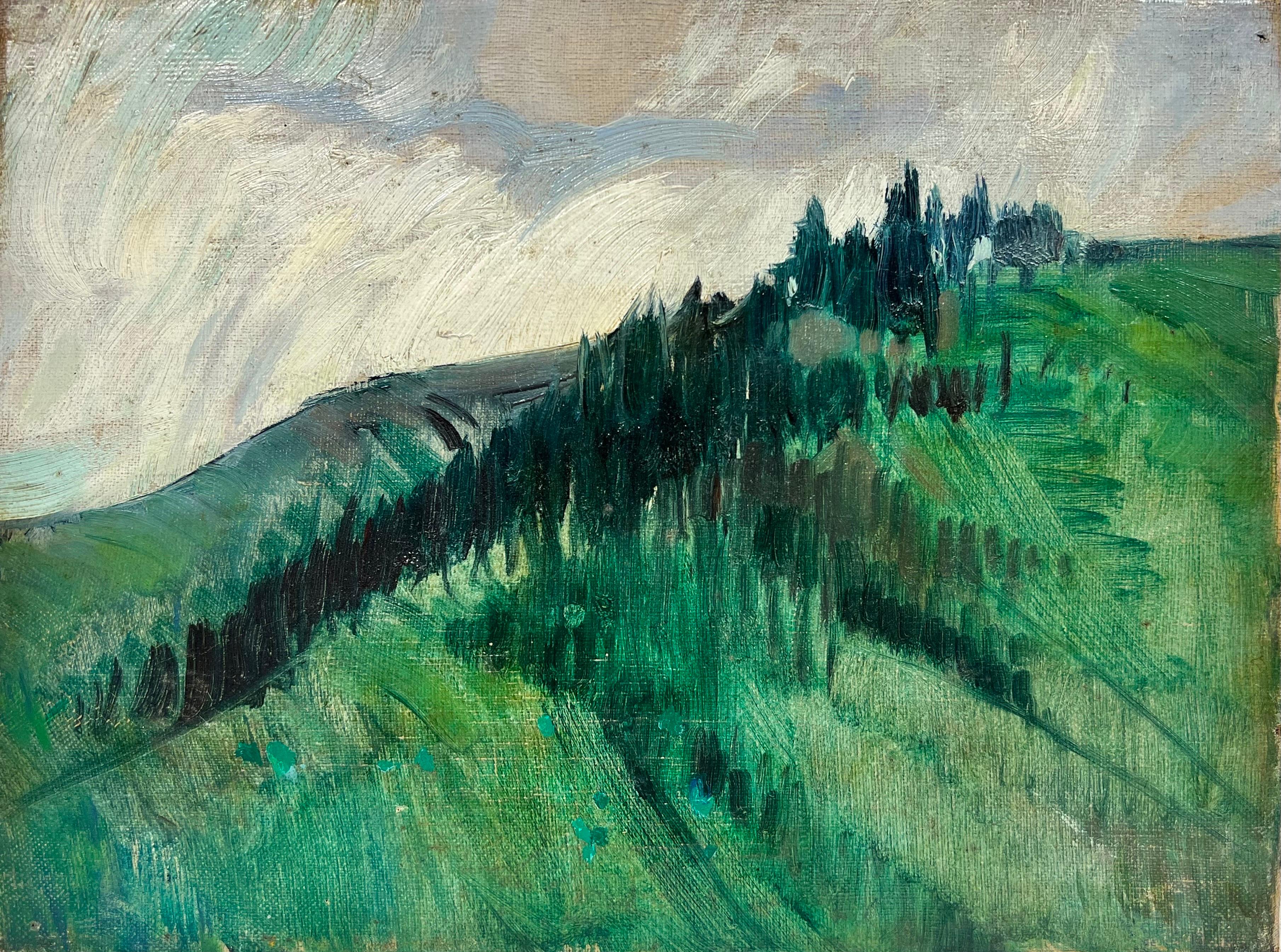 Landscape Painting de French School - Óleo expresionista francés de 1950 Paisaje boscoso verde Óleo sobre lienzo