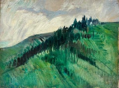 Huile sur toile expressionniste française des années 1950 représentant un paysage de forêt et de bois vert