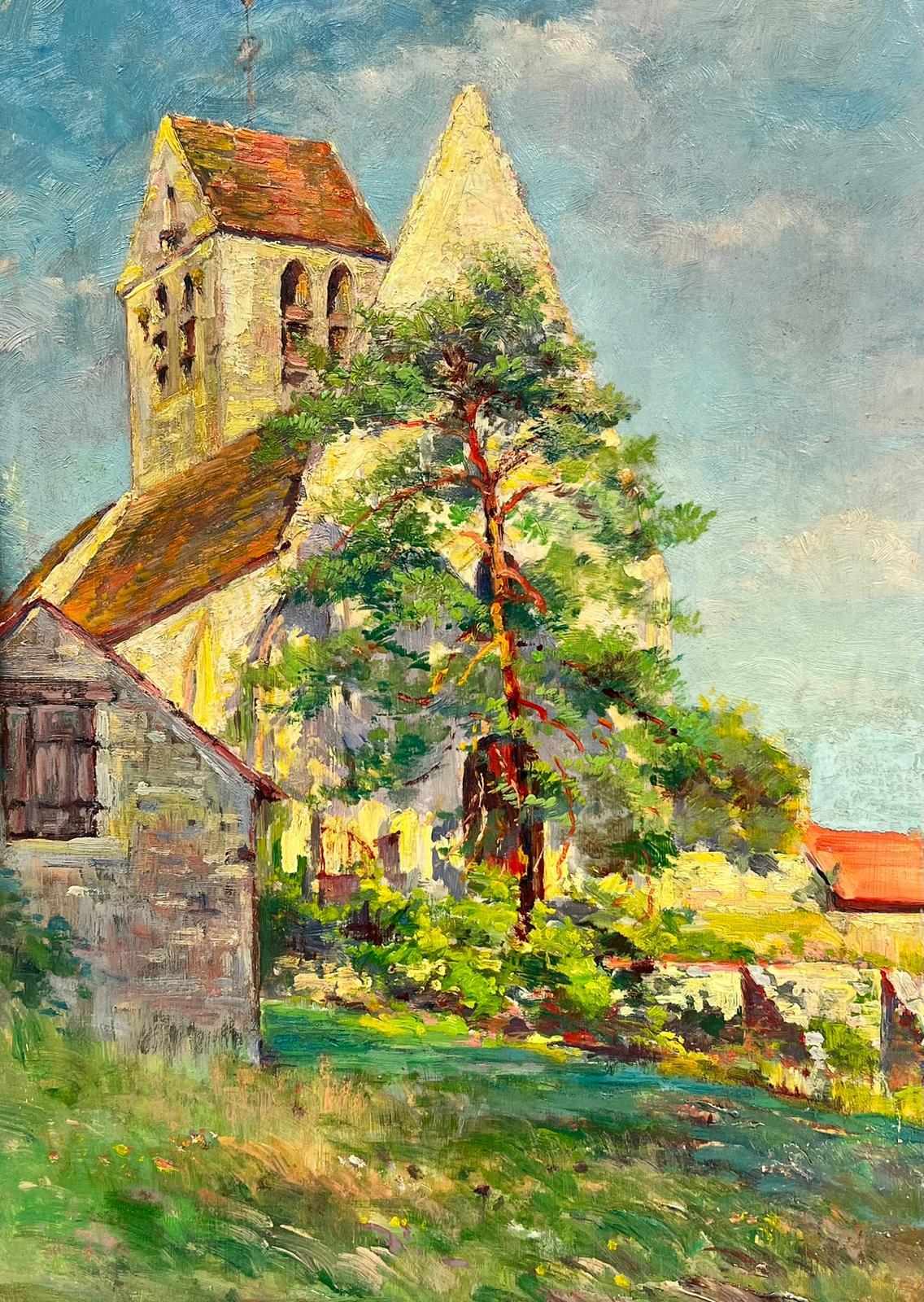 1950’s French Impressionist Oil Bright Church in Town Green Gilt Frame - Painting by French School
