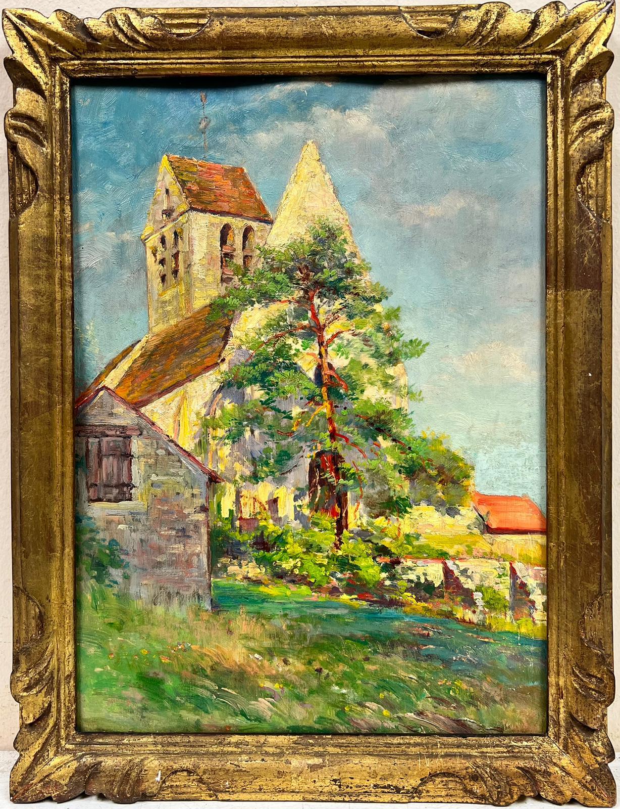 French School Landscape Painting - 1950’s French Impressionist Oil Bright Church in Town Green Gilt Frame