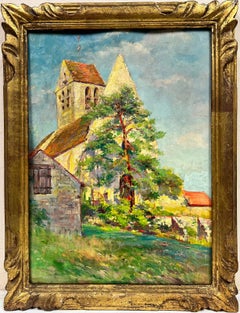 1950’s French Impressionist Oil Bright Church in Town Green Gilt Frame