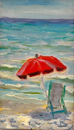 1950
s French Impressionist Oil Painting Empty Deckchair Red Parasol on Beach