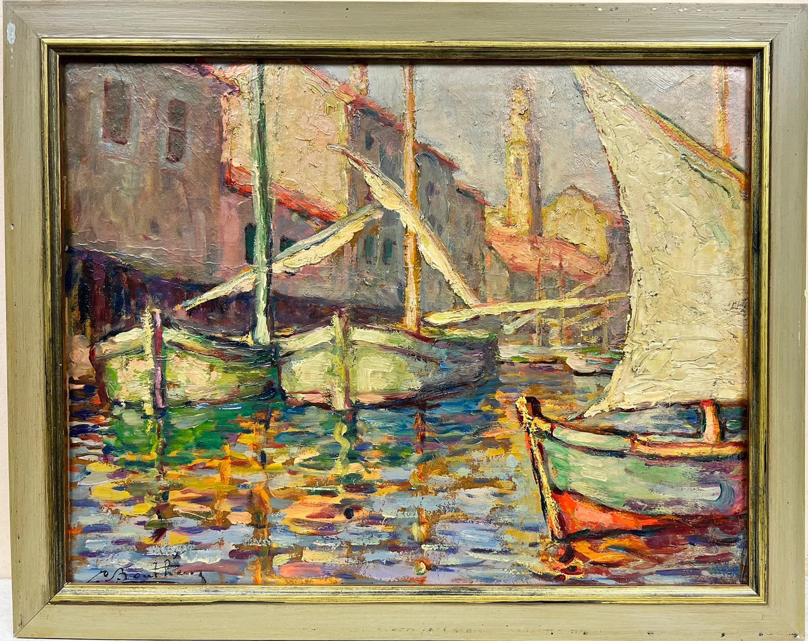 Huile impressionniste française des années 1950 Sleepy Med Fishing Sunny Harbour signée - Painting de French School