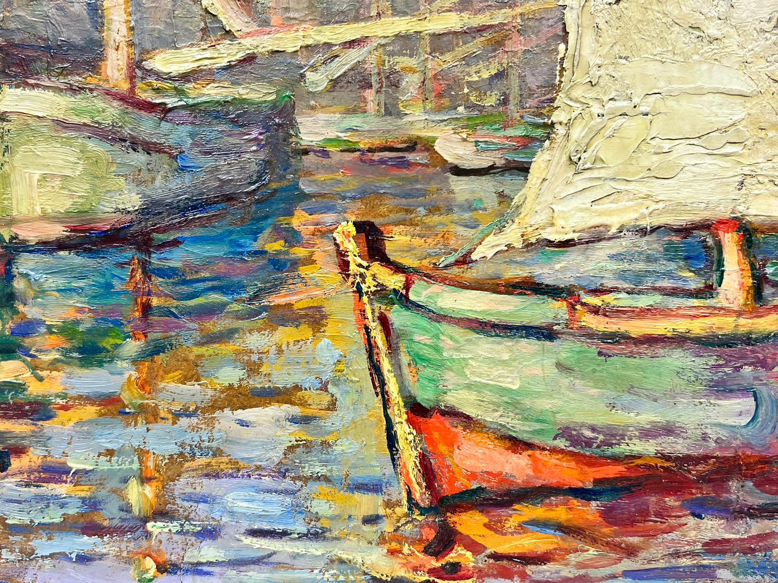 Huile impressionniste française des années 1950 Sleepy Med Fishing Sunny Harbour signée - Impressionnisme Painting par French School
