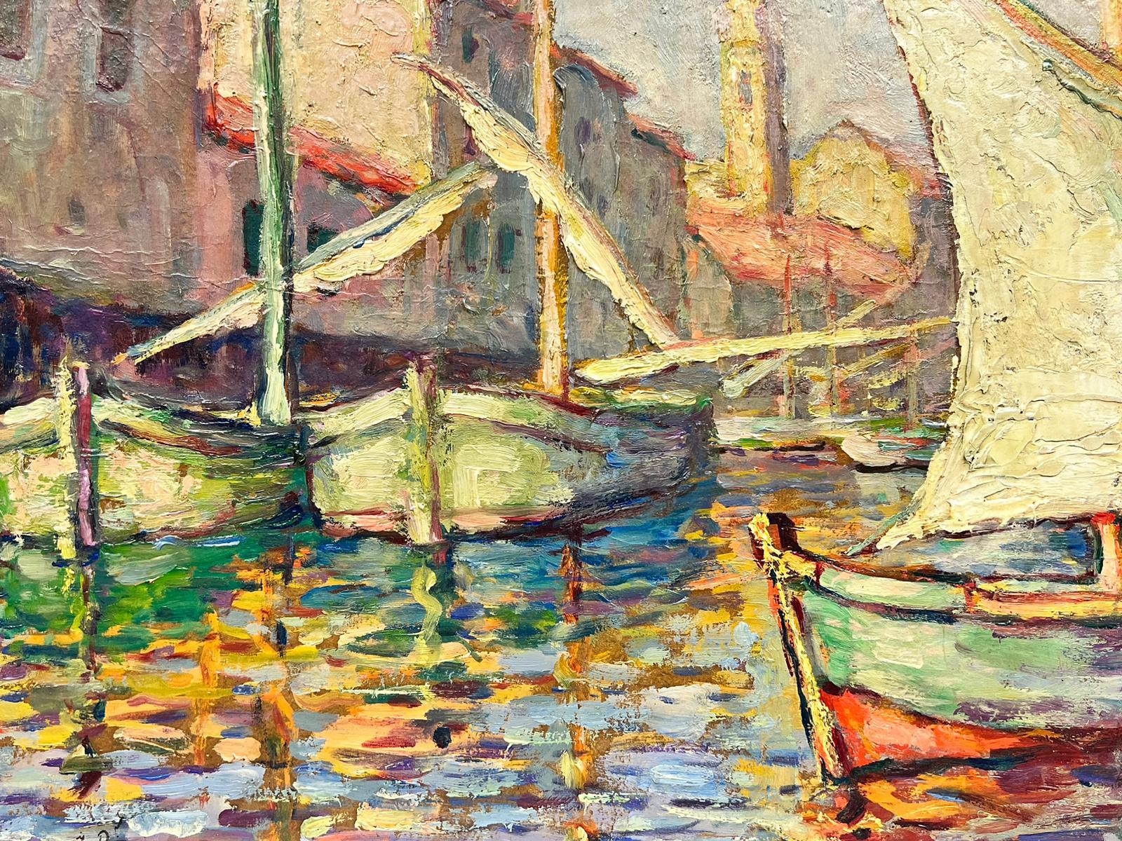 1950’s French Impressionist Oil Sleepy Med Fishing Sunny Harbour signed For Sale 1
