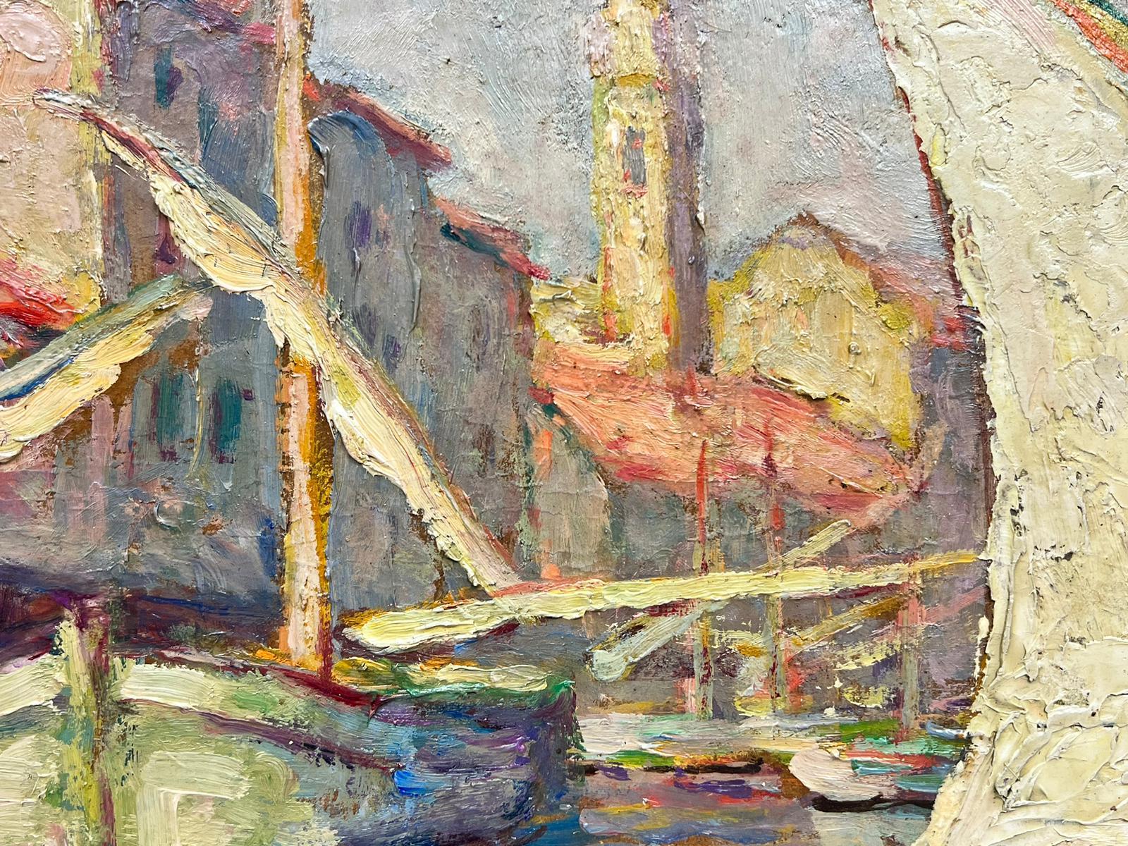 1950’s French Impressionist Oil Sleepy Med Fishing Sunny Harbour signed For Sale 4