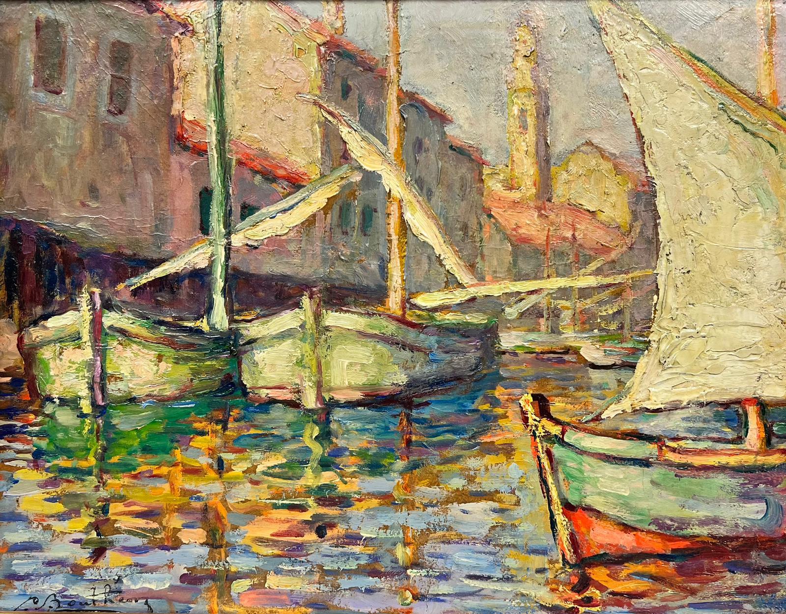 Landscape Painting French School - Huile impressionniste française des années 1950 Sleepy Med Fishing Sunny Harbour signée