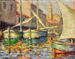 1950’s French Impressionist Oil Sleepy Med Fishing Sunny Harbour signed