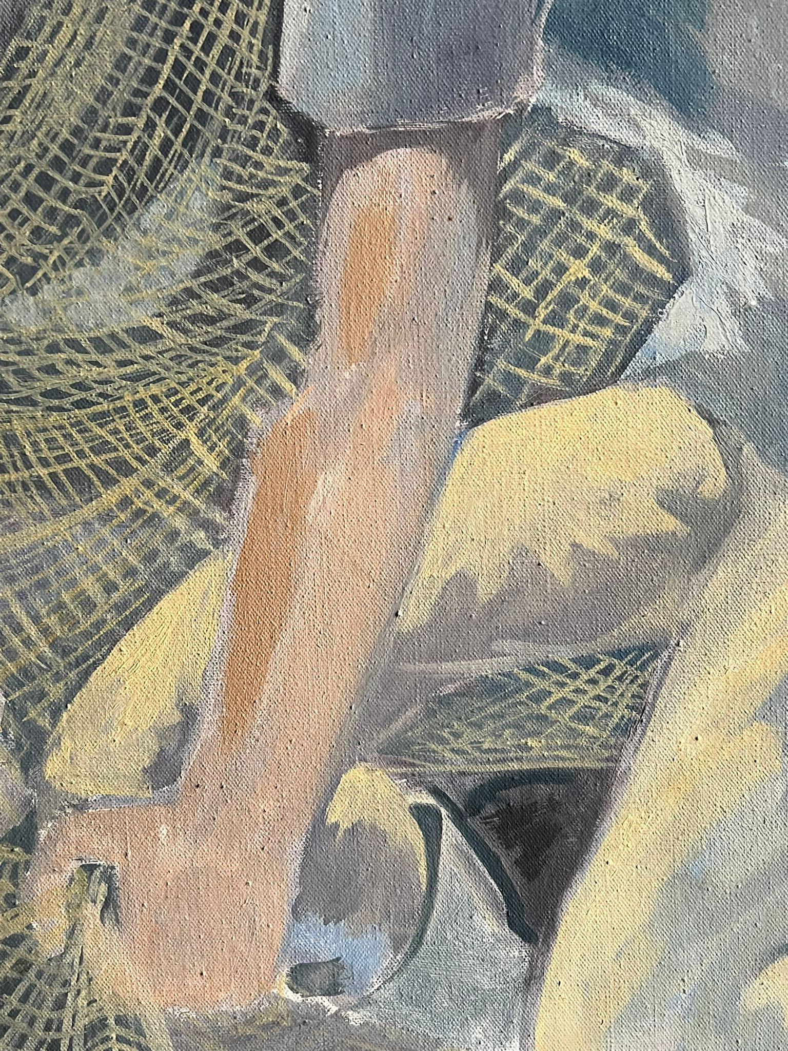 Pintura al óleo figurativa azul modernista francesa de 1950 de un pescador remendando redes en venta 5