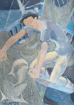 1950's French Modernist Blue Figurative Oil Painting of a Fisherman Mending Nets