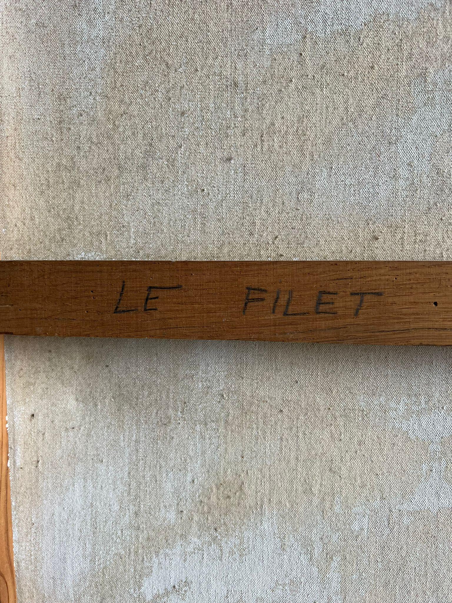 Pintura al óleo figurativa azul modernista francesa de 1950 de un pescador remendando redes en venta 2
