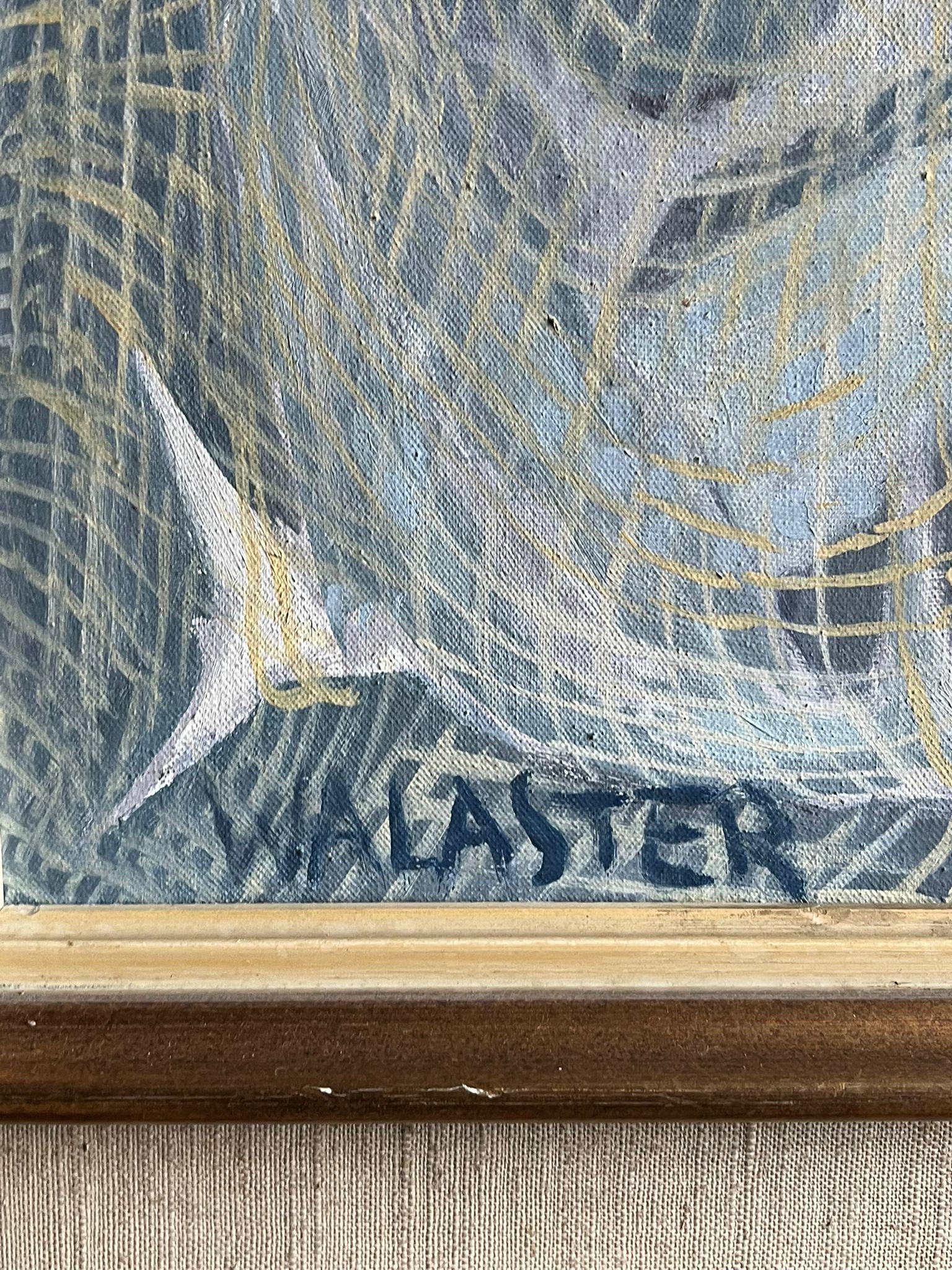 Pintura al óleo figurativa azul modernista francesa de 1950 de un pescador remendando redes en venta 3