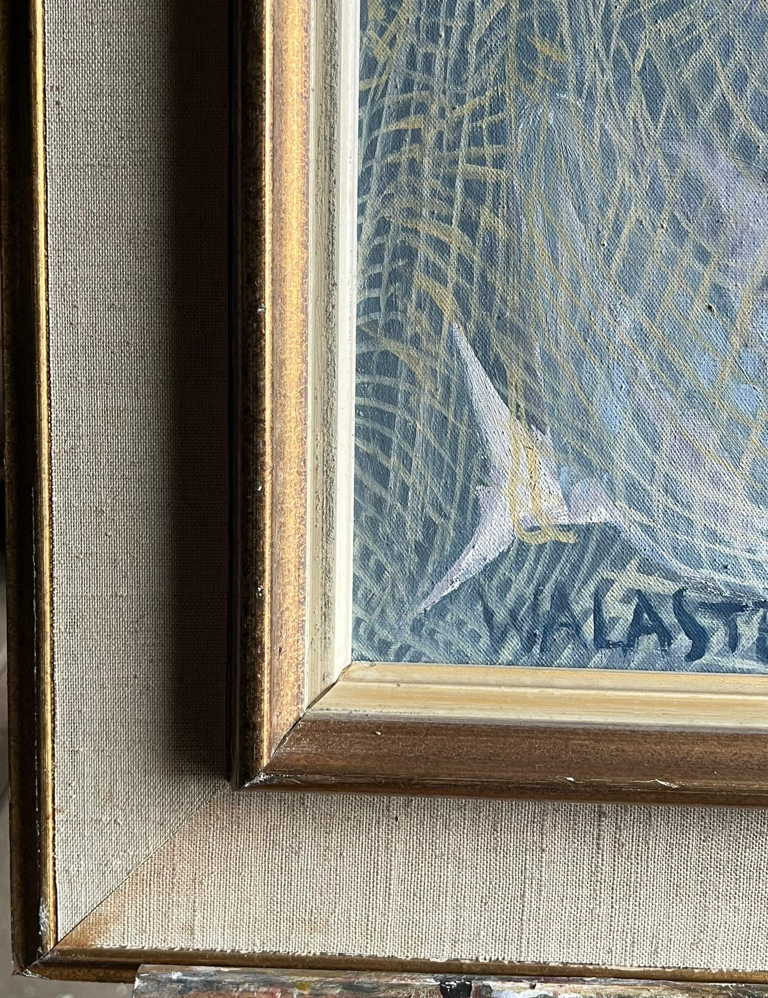 Pintura al óleo figurativa azul modernista francesa de 1950 de un pescador remendando redes en venta 4