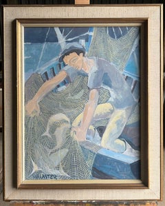 1950's French Modernist Blue Figurative Oil Painting of a Fisherman Mending Nets