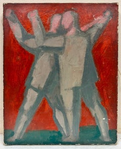 1950's French Modernist Oil Painting 2 Men Dancing Red Background Grey Clothing