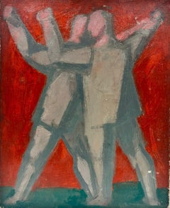 1950's French Modernist Oil Painting 2 Men Dancing Red Background Grey Clothing