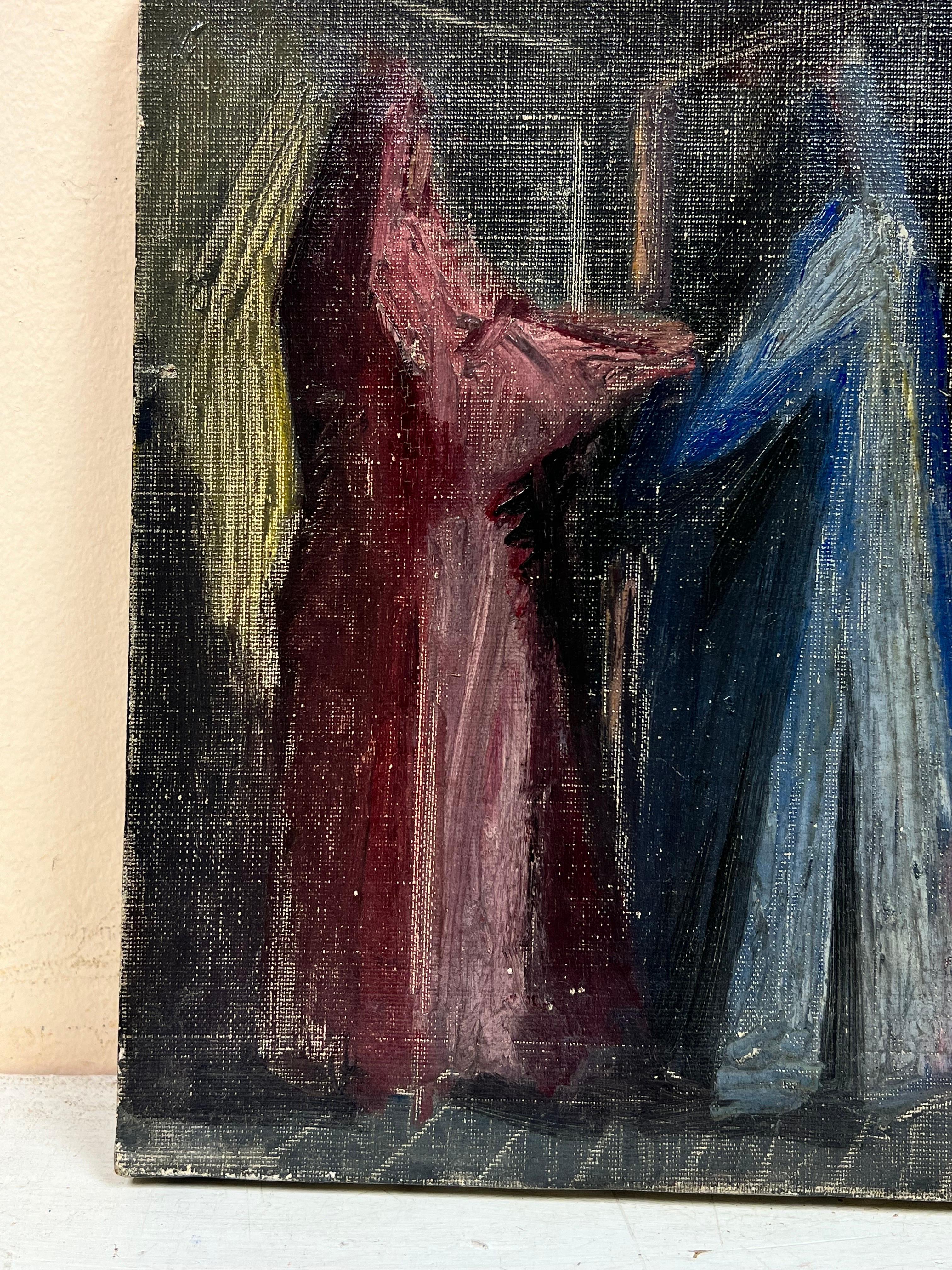 1950's French Modernist Signed Oil La Visitation Surrealist Figures - Painting by French School