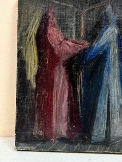 1950's French Modernist Signed Oil La Visitation Surrealist Figures