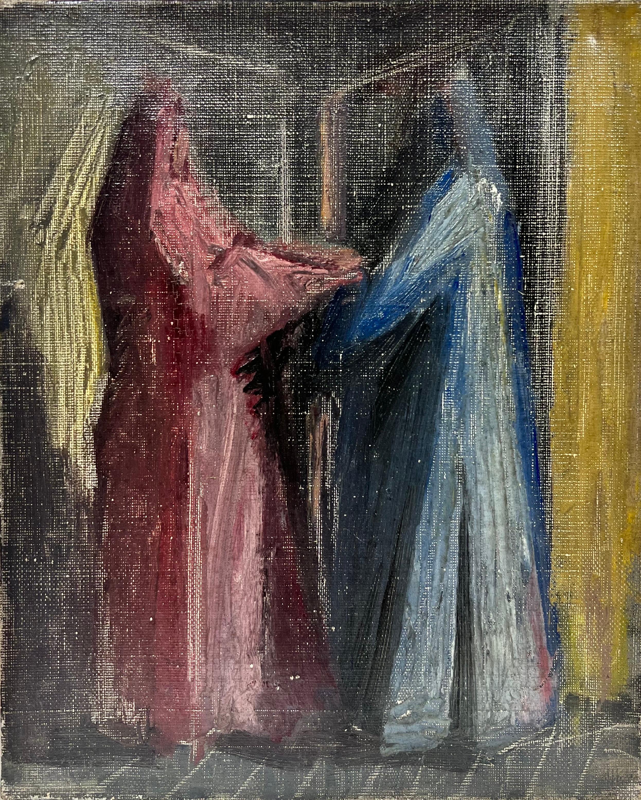 French School Figurative Painting - 1950's French Modernist Signed Oil La Visitation Surrealist Figures