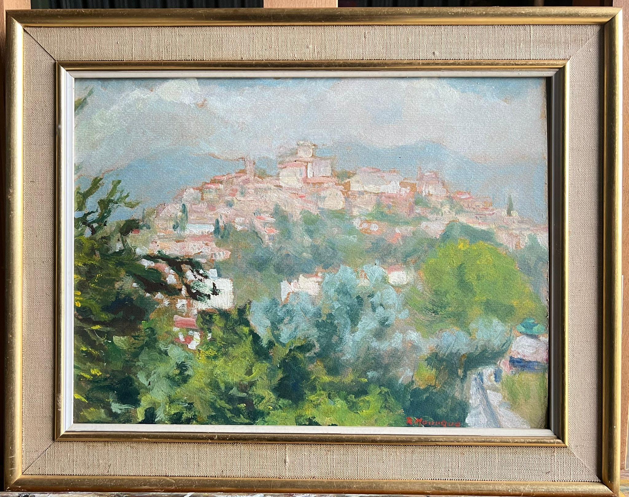 1950's Soft Pastell Farben Französisch Ölgemälde Hilltop Dorf Cagnes sur Mer – Painting von French School