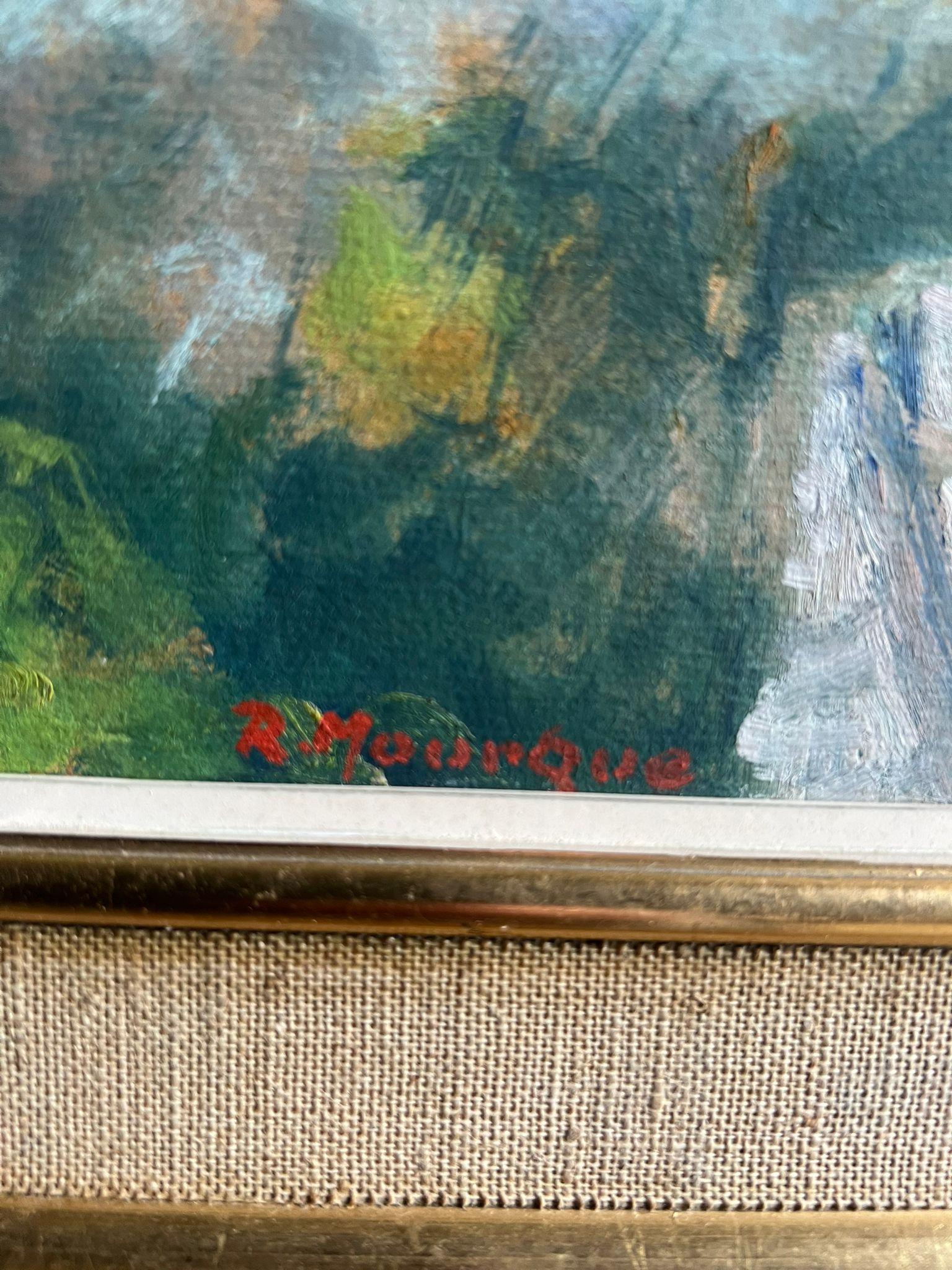 1950's Soft Pastell Farben Französisch Ölgemälde Hilltop Dorf Cagnes sur Mer (Grau), Landscape Painting, von French School