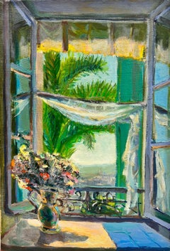 1950’s South French Post Impressionist Oil Interior Room Flowers in Window 
