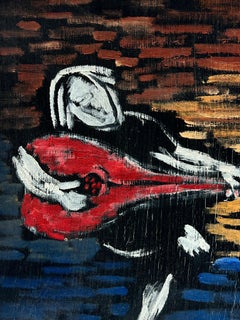 20th Century French Expressionist Signed Oil Figure Playing Guitar