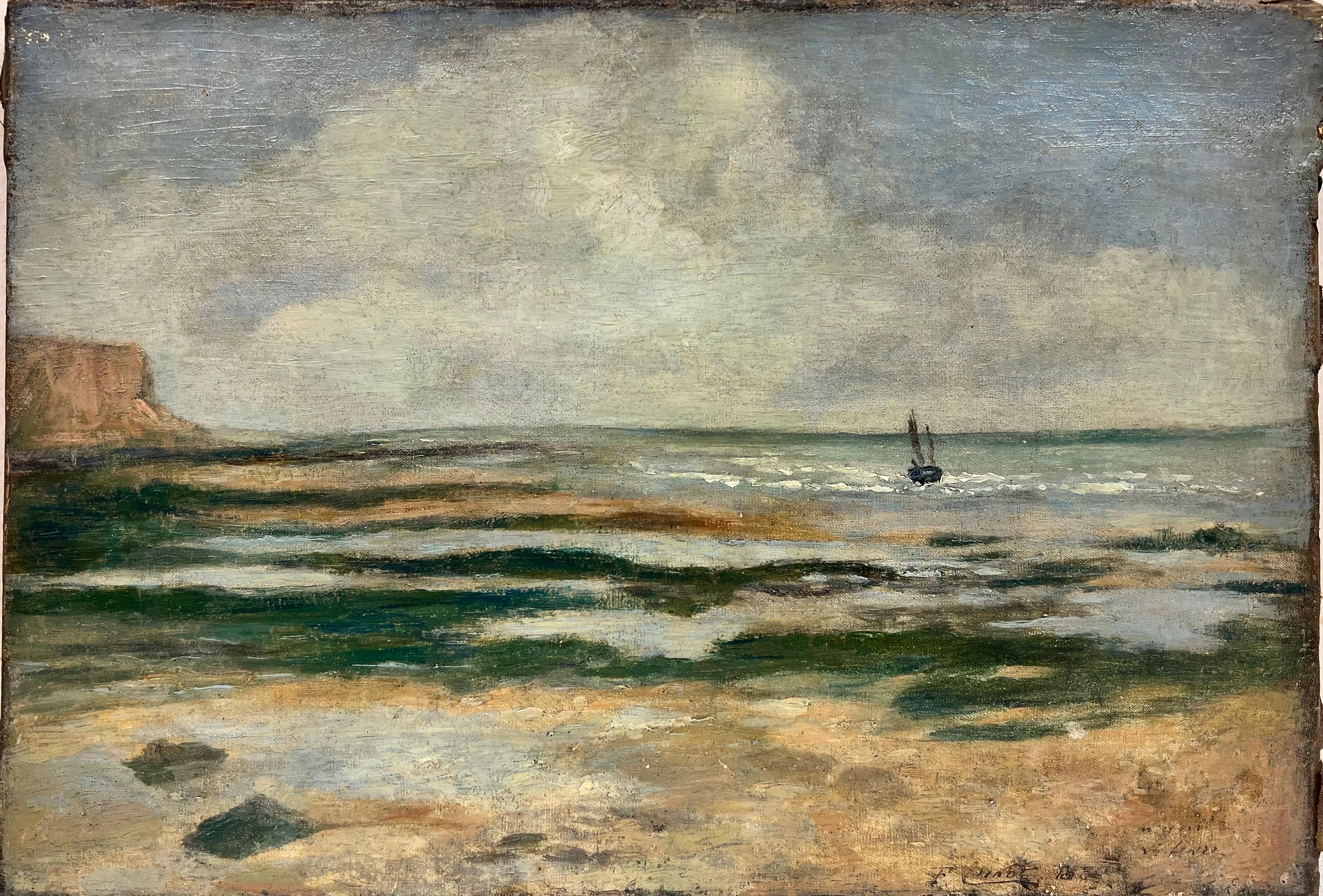 French School Landscape Painting - Antique French Impressionist Boat at Sea from Beach Very Interesting Oil 
