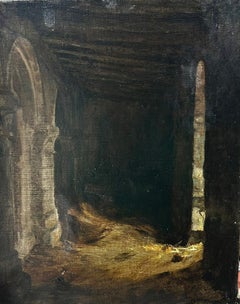 Antique French Impressionist Oil Painting Stone Barn Interior with straw