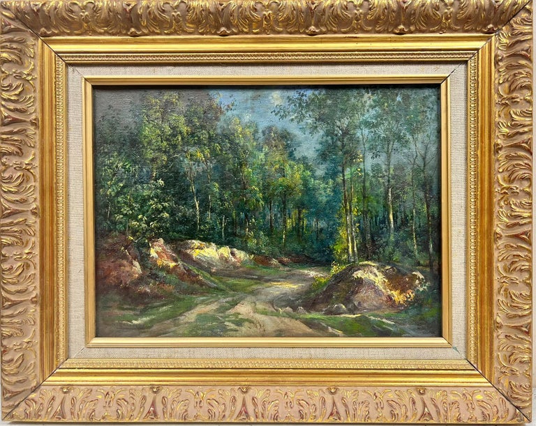 Antique French Impressionist Signed Oil Dappled Light Woodland Green Pathway - Painting by French School