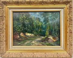 Antique French Impressionist Signed Oil Dappled Light Woodland Green Pathway