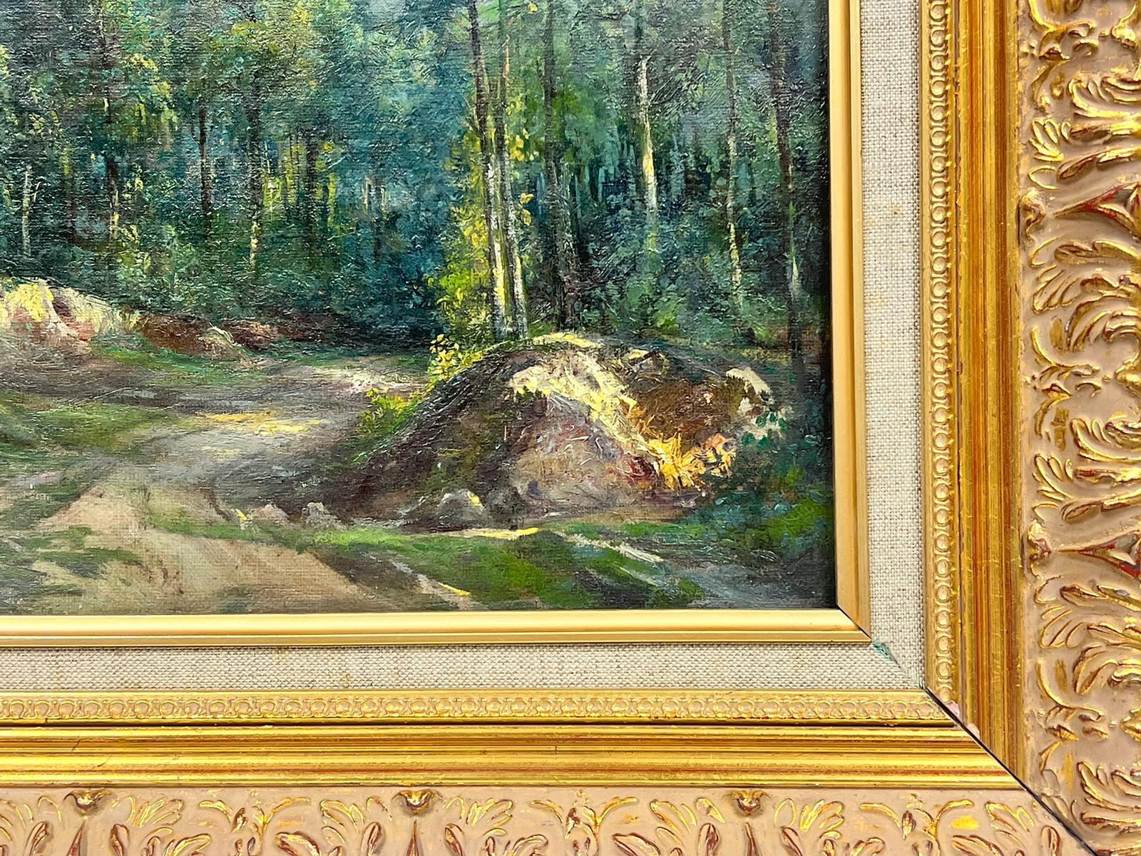 Antique French Impressionist Signed Oil Dappled Light Woodland Green Pathway - Gray Landscape Painting by French School