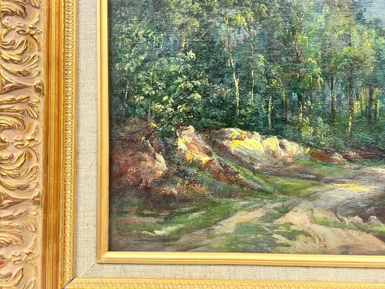 Antique French Impressionist Signed Oil Dappled Light Woodland Green Pathway For Sale 3