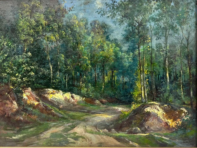 French School Landscape Painting - Antique French Impressionist Signed Oil Dappled Light Woodland Green Pathway