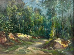 Antiguo Óleo Impresionista Francés Firmado Sendero Verde Bosque Moteado de Luz