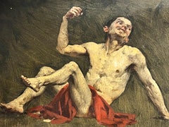 Antique French Oil Painting Naked Nude Man in Red Dressing Gown - No reserve Auction