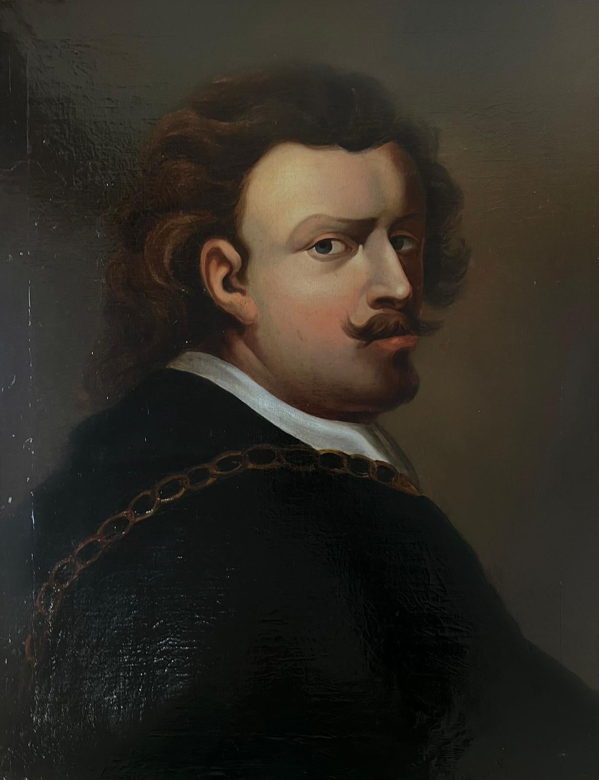 French School Portrait Painting - Antique French Oil Painting Portrait of Man with Moustache