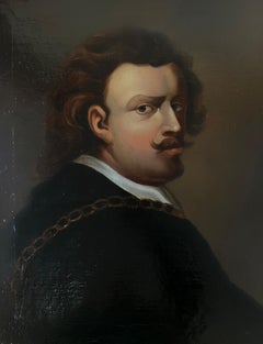 Antique French Oil Painting Portrait of Man with Moustache